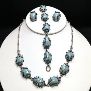 Vintage Faux Turquoise Parure Necklace Bracelet Earrings Silver Tone 1950s